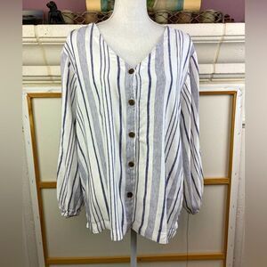 Loft Blue and white airy linen blend striped Button-Up tunic w/ side vents